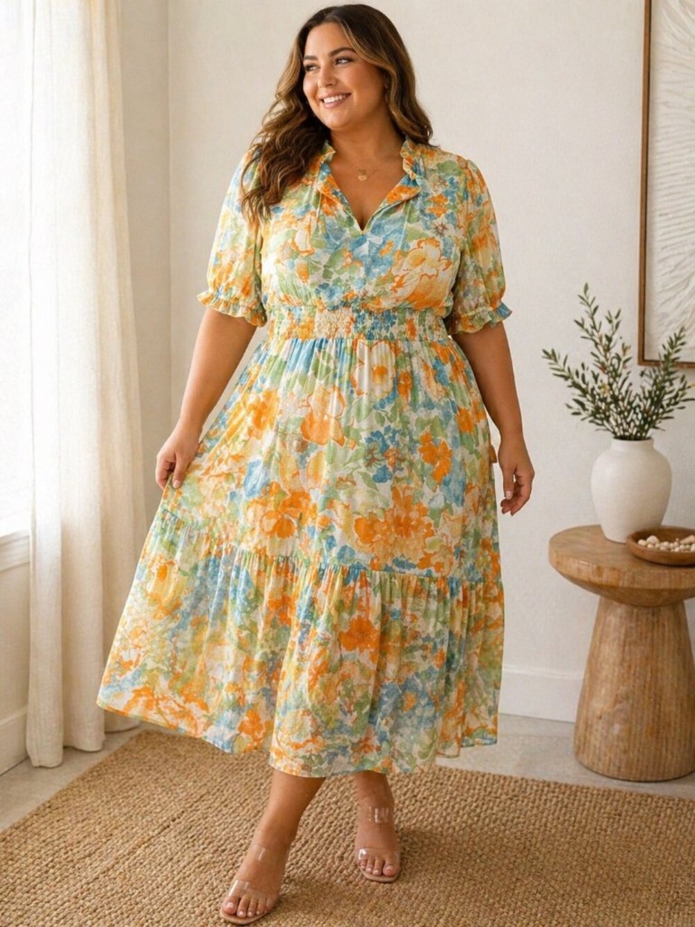 Cynthia Steffe Floral Midi Dress 1X Boho Cottagecore Smocked Waist Plus